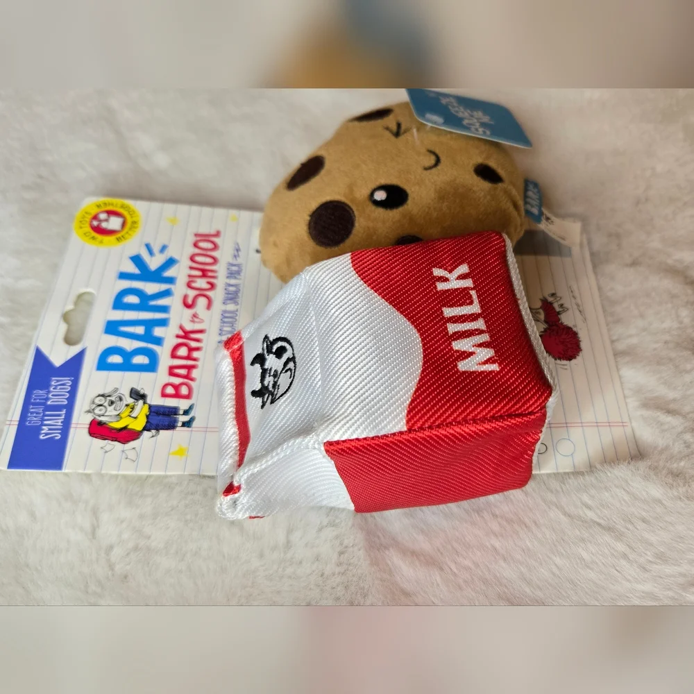 Bark Box Bark To School After-School Snack Pack Milk Cookie Squeaker Toy Set New
